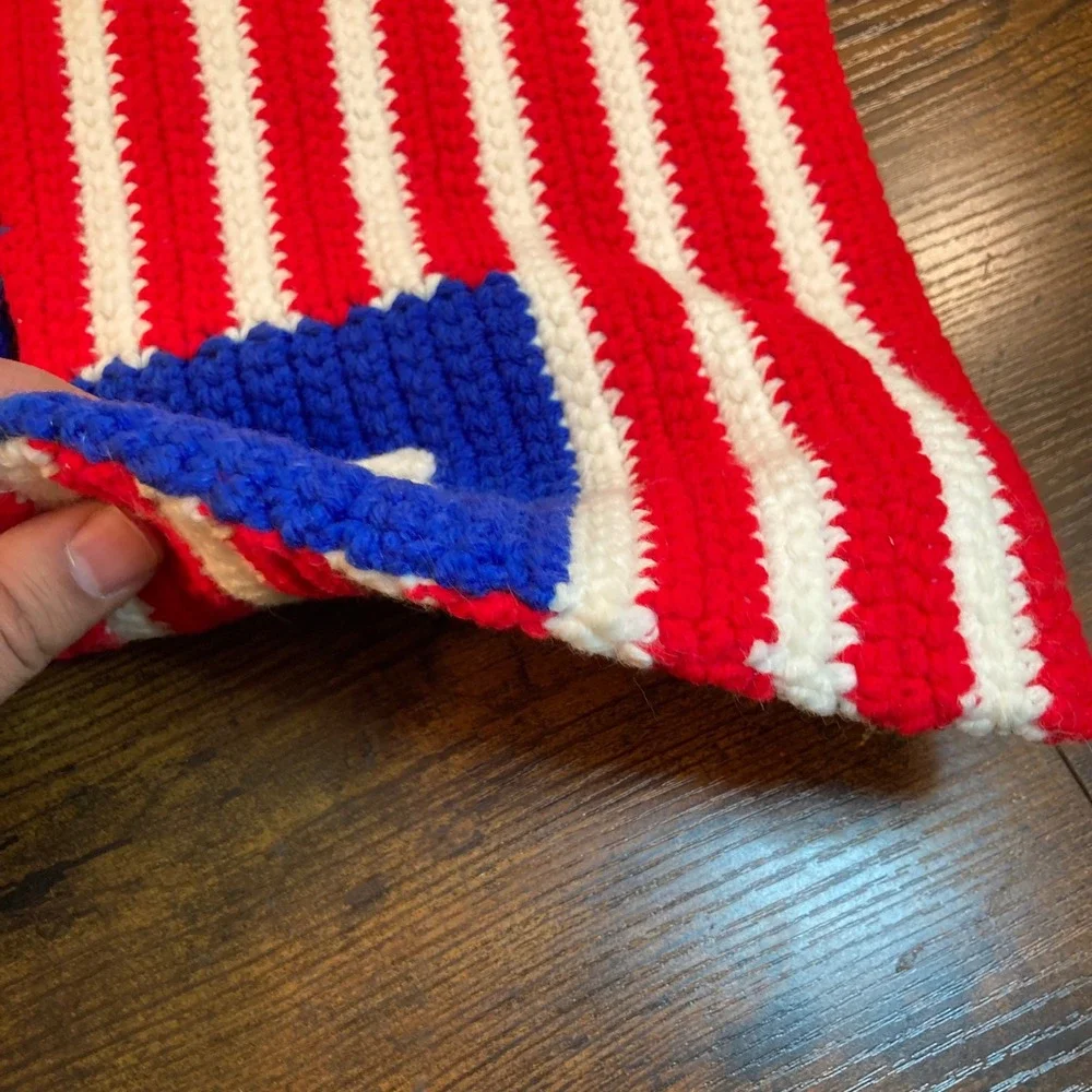 Handmade Crochet American Flag Wall Hanging Patriotic Red White Blue Decor 11x8